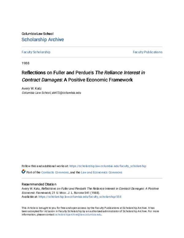 (PDF) Reflections on Fuller and Perdue's The Reliance Interest in