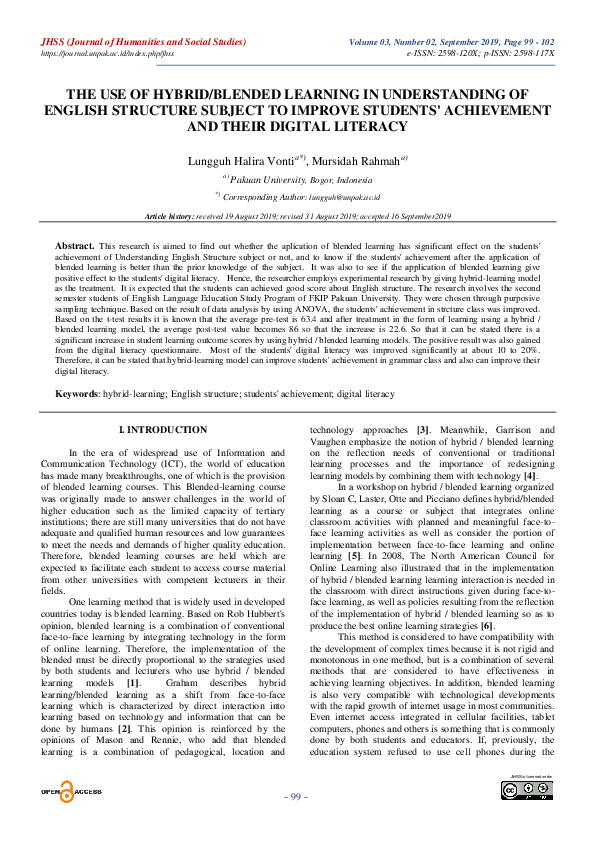 The Use of Hybrid/Blended Learning in Understanding of English Structure Subject to Improve Students' Achievement and Their Digital Literacy