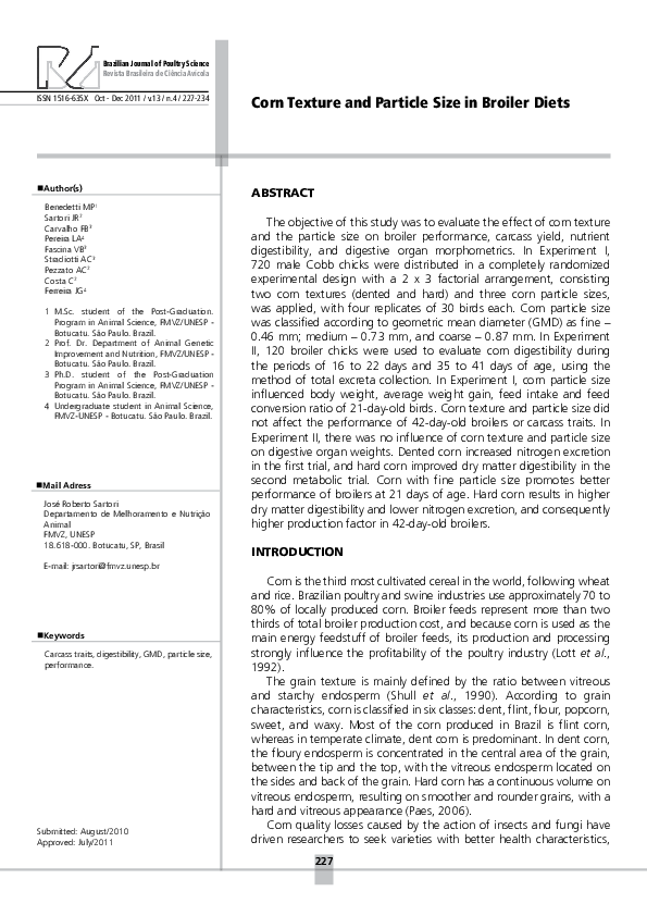 (PDF) Corn texture and particle size in broiler diets Celso Pezzato