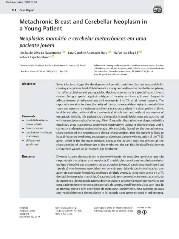 (PDF) Metachronic Breast and Cerebellar Neoplasm in a Young Patient