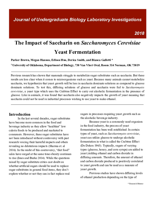 (PDF) The Impact of Saccharin on Saccharomyces Cerevisiae Yeast