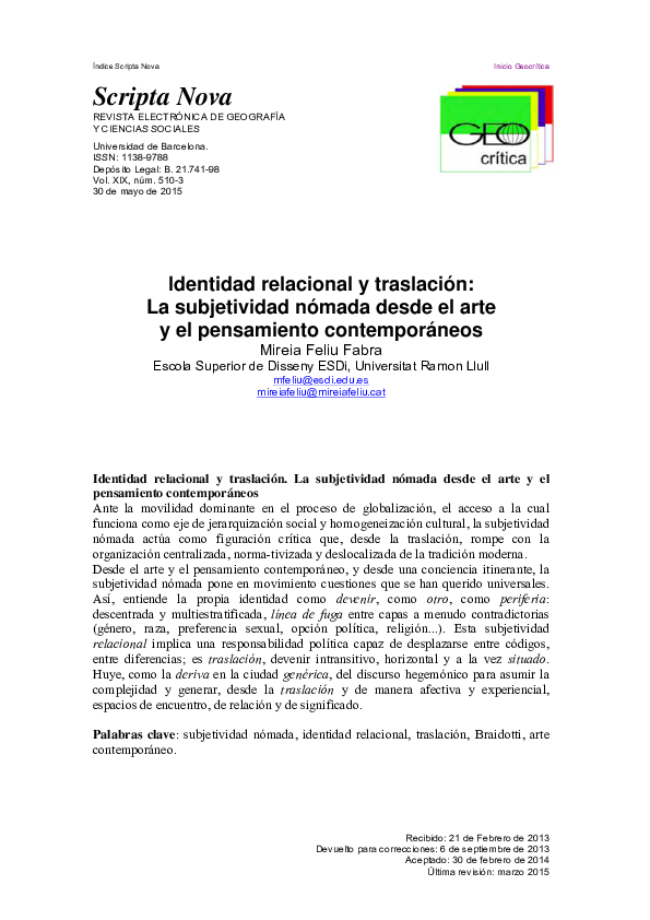 (PDF) Identidad relacional y traslación: La subjetividad nómada desde ...