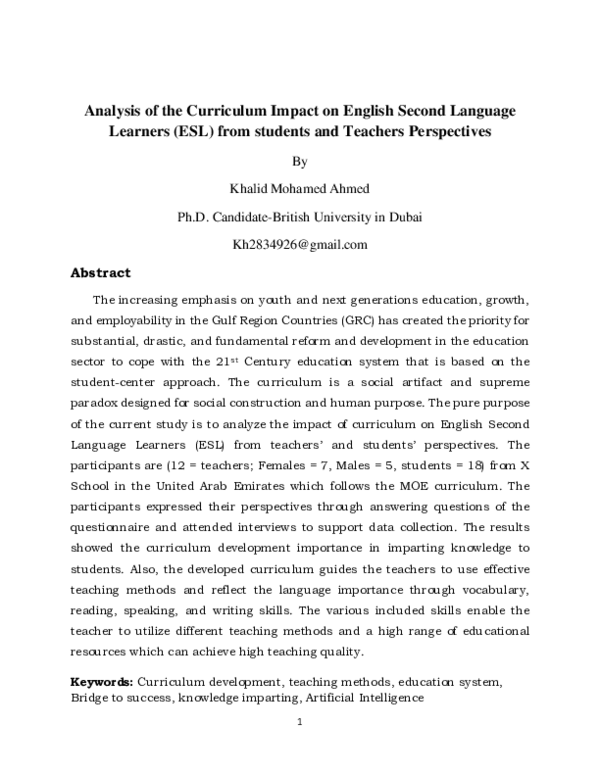 (PDF) Analysis of the Curriculum Impact on English Second Language ...