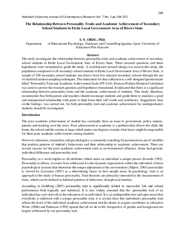 (PDF) THE RELATIONSHIP BETWEEN PERSONALITY TRAITS AND ACADEMIC ACHIEVEMENT
