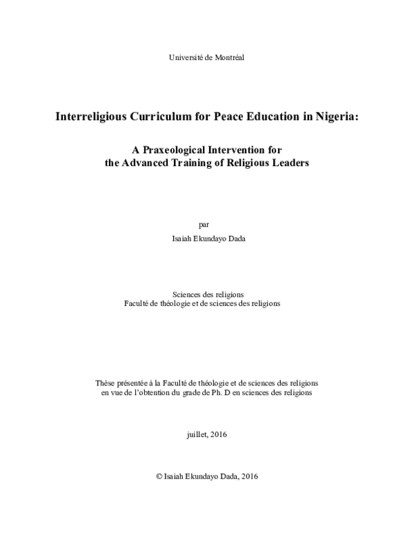 (PDF) Interreligious Curriculum for Peace Education in Nigeria : A ...