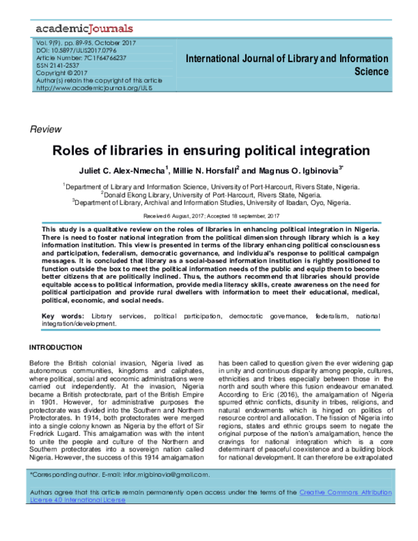 (PDF) Roles of libraries in ensuring political integration