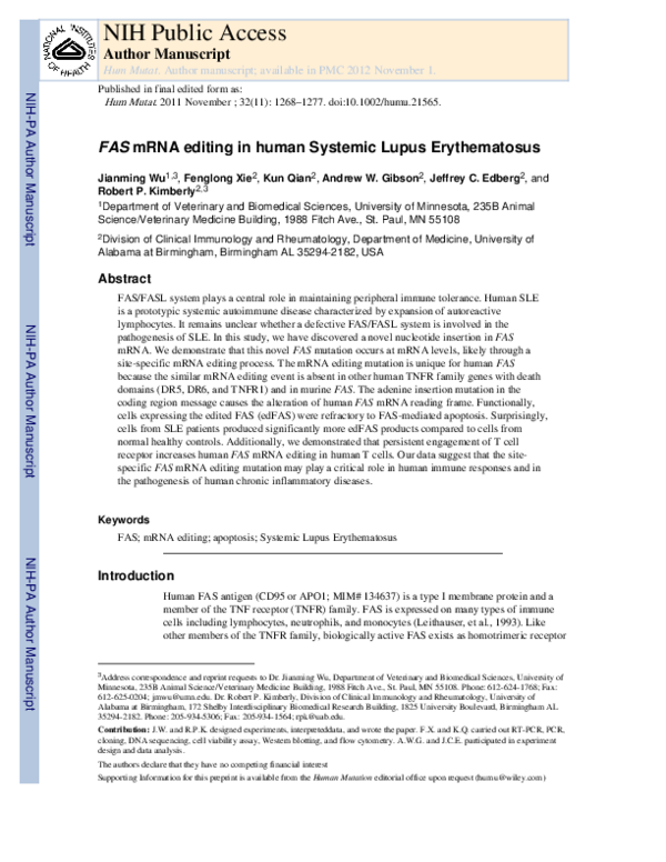 (PDF) FAS mRNA editing in human systemic lupus erythematosus