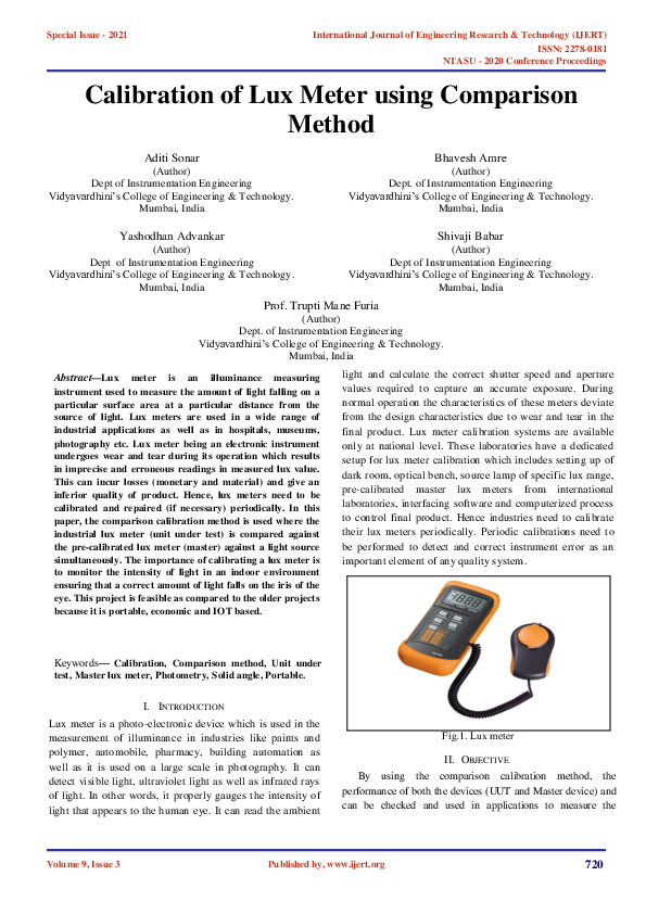 (PDF) Calibration of Lux Meter using Comparison Method Aditi Sonar