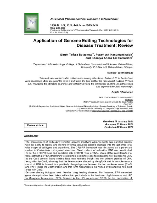 (PDF) Application of Genome Editing Technologies for Disease Treatment ...
