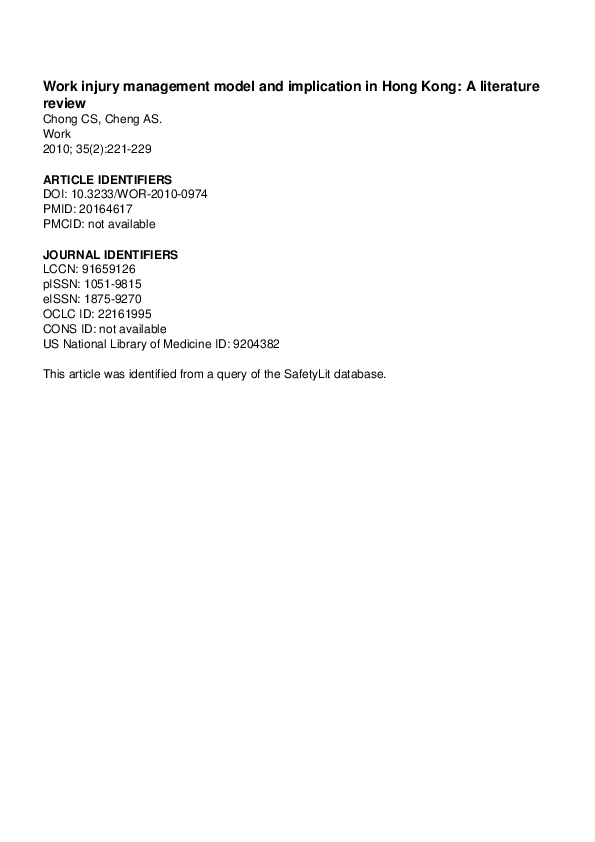(PDF) Work injury management model and implication in Hong Kong: a ...