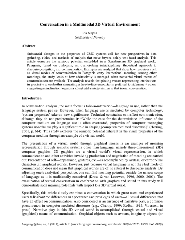 (PDF) Conversation in a Multimodal 3 D Virtual Environment