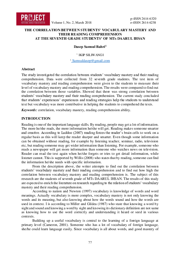 (PDF) THE CORRELATION BETWEEN STUDENTS’ VOCABULARY MASTERY AND THEIR ...