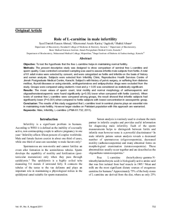 role of l carnitine in male infertility PDF) Role of L-carnitine in male infertility