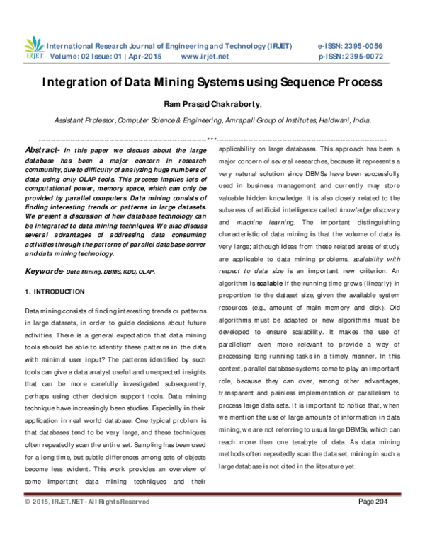 (PDF) Integration of Data Mining Systems using Sequence Process | Ram ...