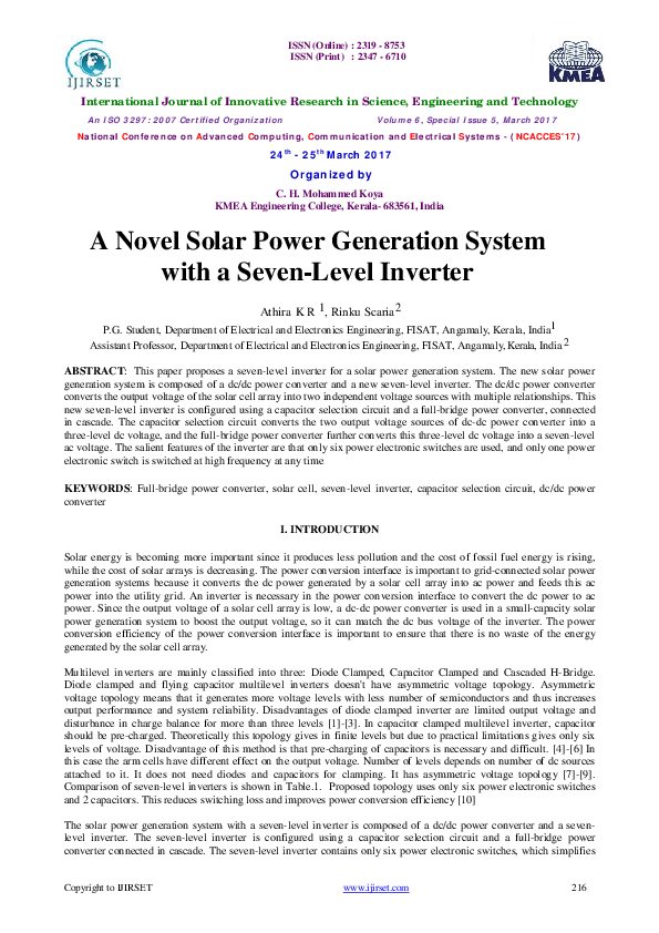 (PDF) A Novel Solar Power Generation System with a Seven-Level Inverter
