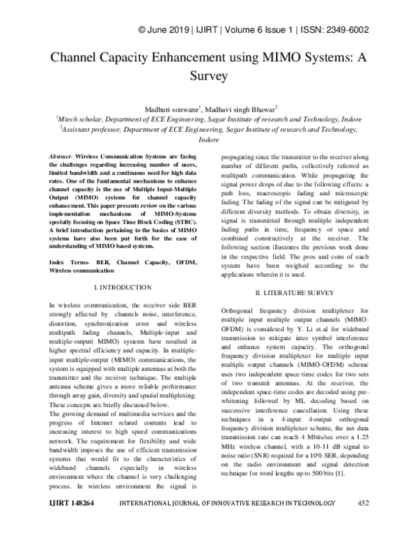 (PDF) Channel Capacity Enhancement using MIMO Systems: A Survey