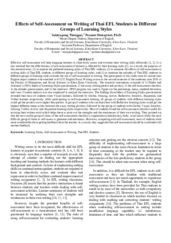 (PDF) Effects of Self-Assessment on Writing of Thai EFL Students in ...