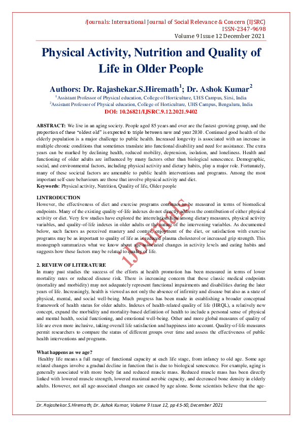 (PDF) Physical Activity, Nutrition and Quality of Life in Older People