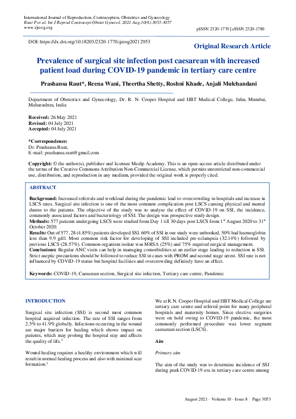 (PDF) Prevalence of surgical site infection post caesarean with ...