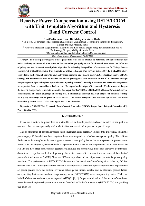 (PDF) Reactive Power Compensation using DSTATCOM with Unit Template ...