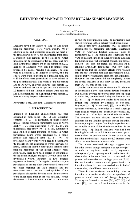(PDF) Imitation of Mandarin Tones by L2 Mandarin Learners