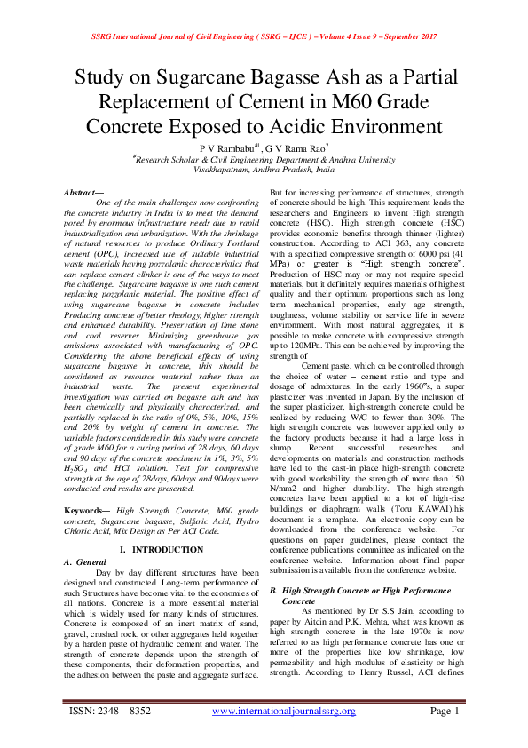 (PDF) Study on Sugarcane Bagasse Ash as a Partial Replacement of Cement ...