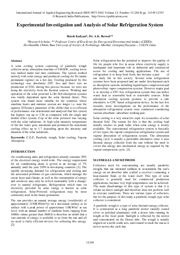 (PDF) Experimental Investigation and Analysis of Solar Refrigeration System