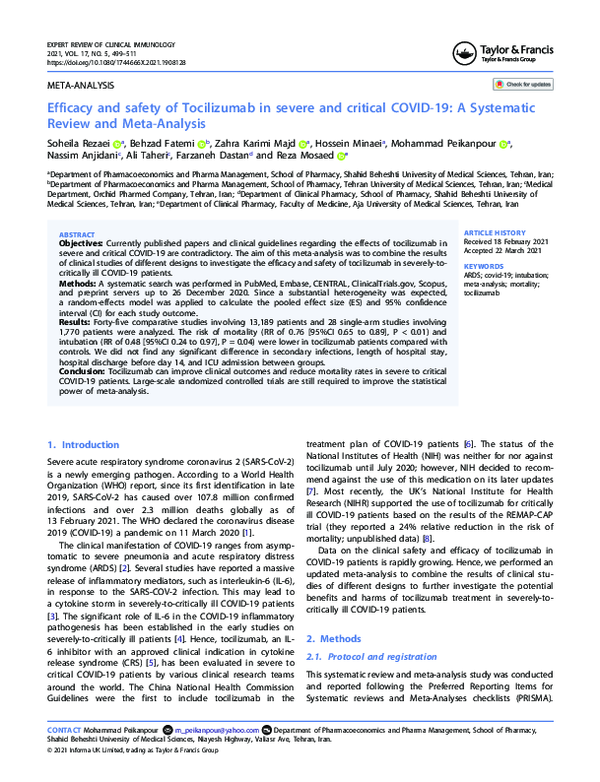(PDF) Efficacy and safety of Tocilizumab in severe and critical COVID ...