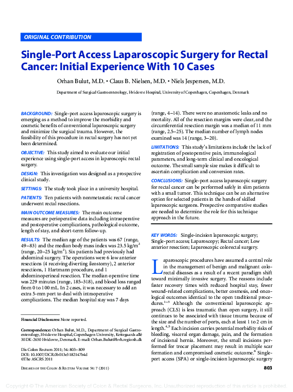 (PDF) Single-Port Access Laparoscopic Surgery for Rectal Cancer ...