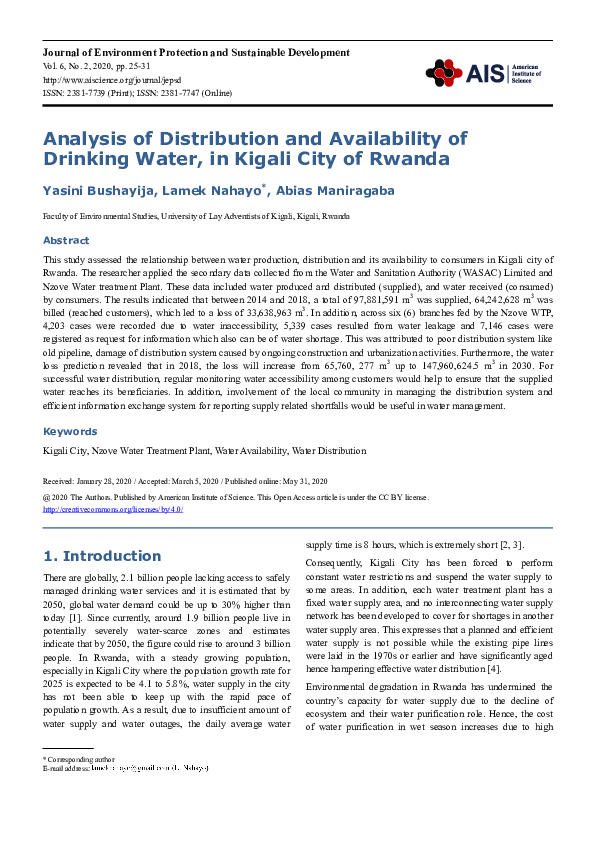 (PDF) Analysis of Distribution and Availability of Drinking Water, in ...