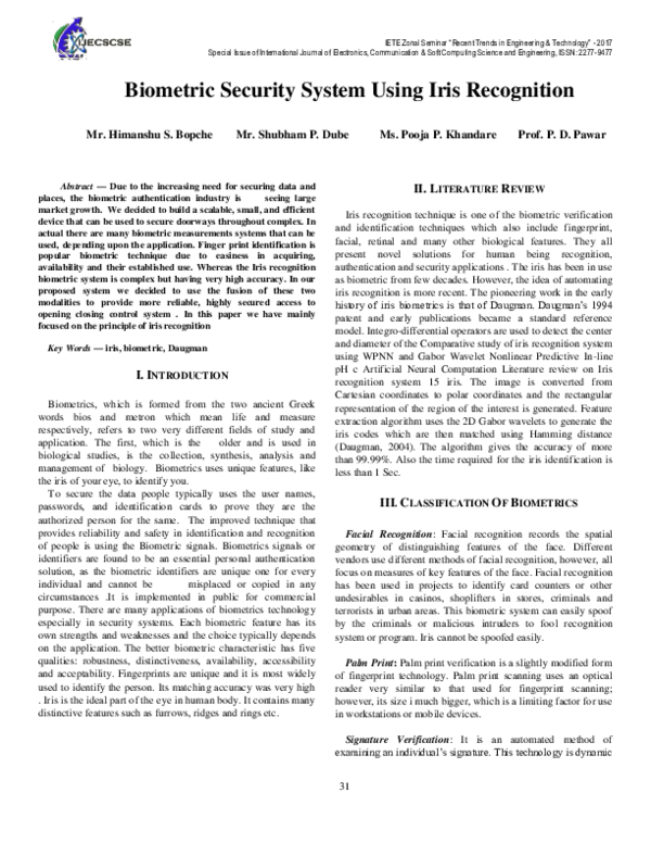 (PDF) Biometric Security System Using Iris Recognition Shubham Dube