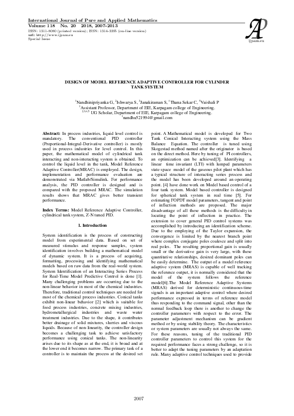 (PDF) Design of Model Reference Adaptive Controller for Cylinder Tank ...