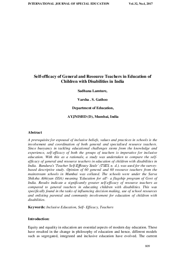 (PDF) Self-Efficacy of General and Resource Teachers in Education of ...