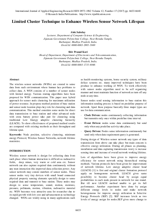 (PDF) Limited Cluster Technique to Enhance Wireless Sensor Network Lifespan