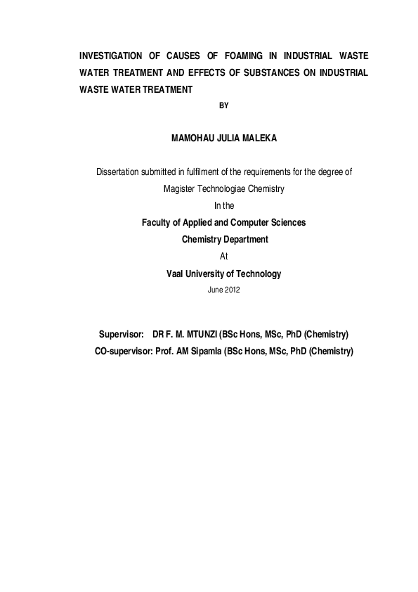 (PDF) Investigation of causes of foaming in industrial waste water ...