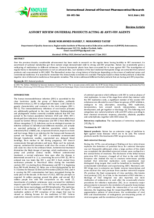(PDF) A Short Review on Herbal Products Acting as Anti-Hiv Agents