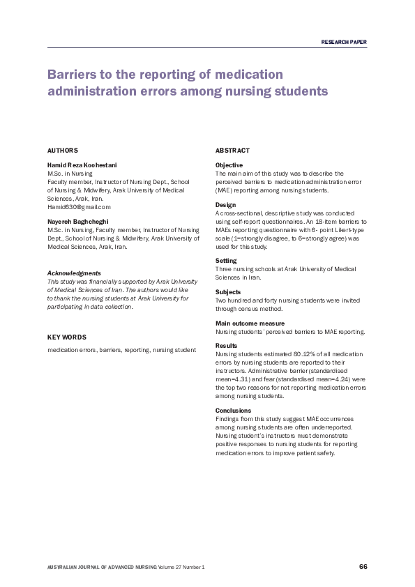 (PDF) Barriers to the reporting of medication administration errors ...