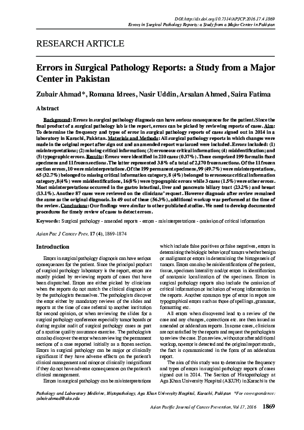 (PDF) Errors in Surgical Pathology Reports: a Study from a Major Center ...