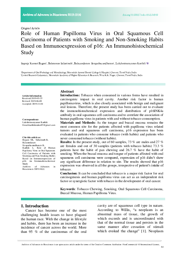 (PDF) Role of Human Papilloma Virus in Oral Squamous Cell Carcinoma of ...
