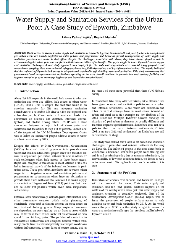 (PDF) Water Supply and Sanitation Services for the Urban Poor: A Case ...
