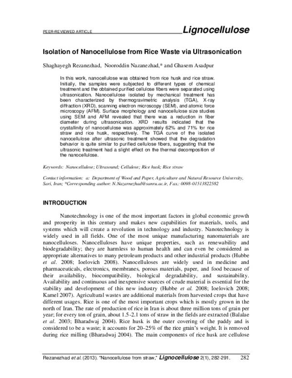 (PDF) Isolation of Nanocellulose from Rice Waste via Ultrasonication