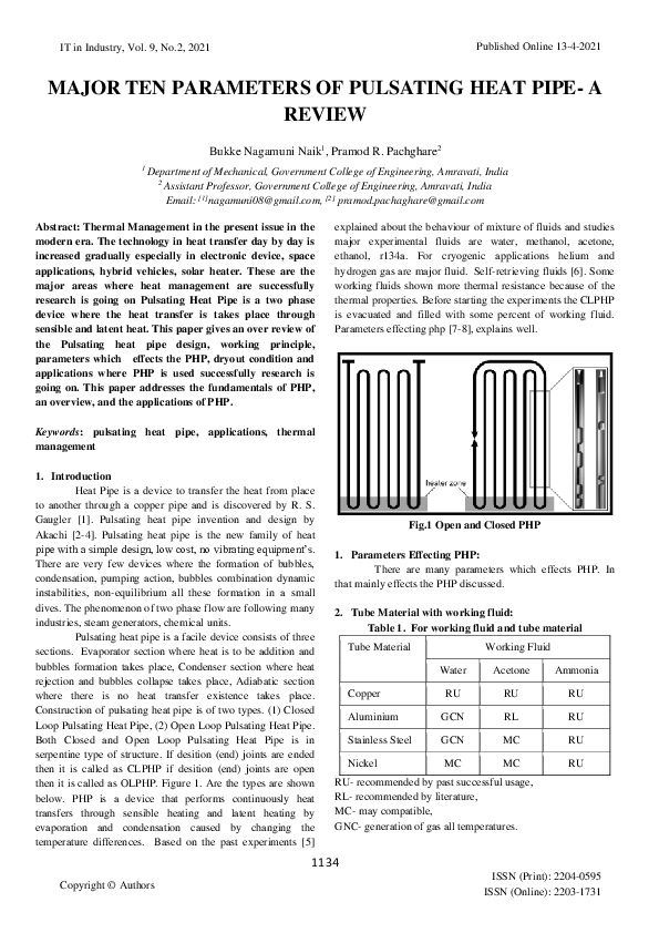 (PDF) Major Ten Parameters of Pulsating Heat Pipe- a Review