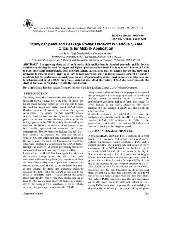 (PDF) Study of Speed and Leakage Power Trade-off in Various SRAM ...