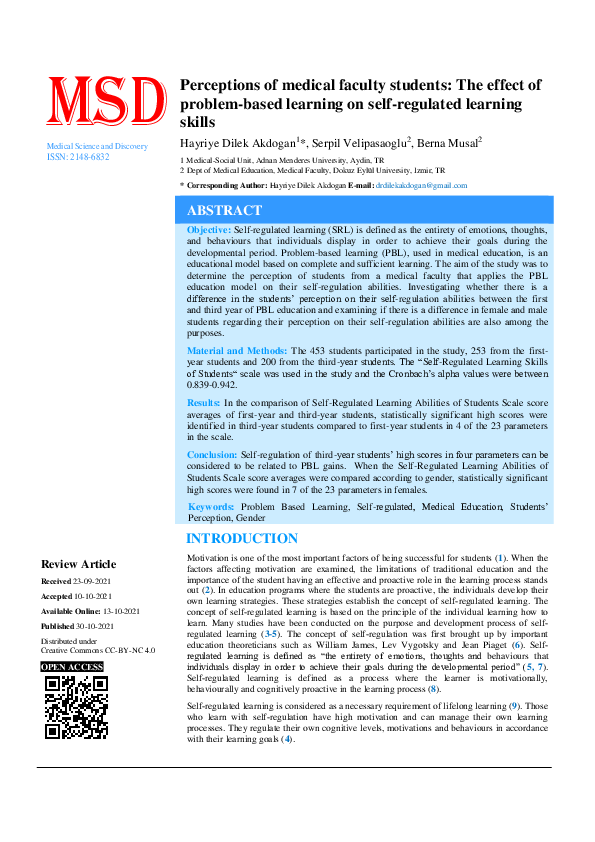 Perceptions of medical faculty students: The effect of problem-based learning on self-regulated learning skills