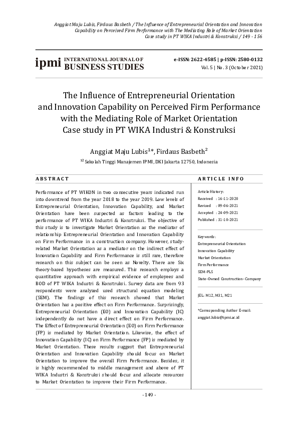 (PDF) The Influence of Entrepreneurial Orientation and Innovation ...