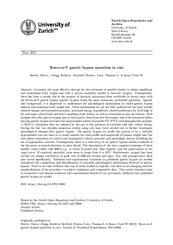 (PDF) Roux-en-Y Gastric Bypass Operation in Rats