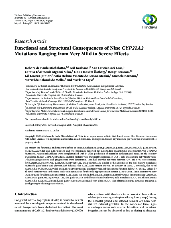 (PDF) Functional and Structural Consequences of NineCYP21A2Mutations ...