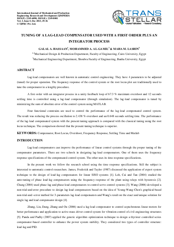 (PDF) Tuning of a Lag-Lead Compensator Used with a First Order Plus an ...