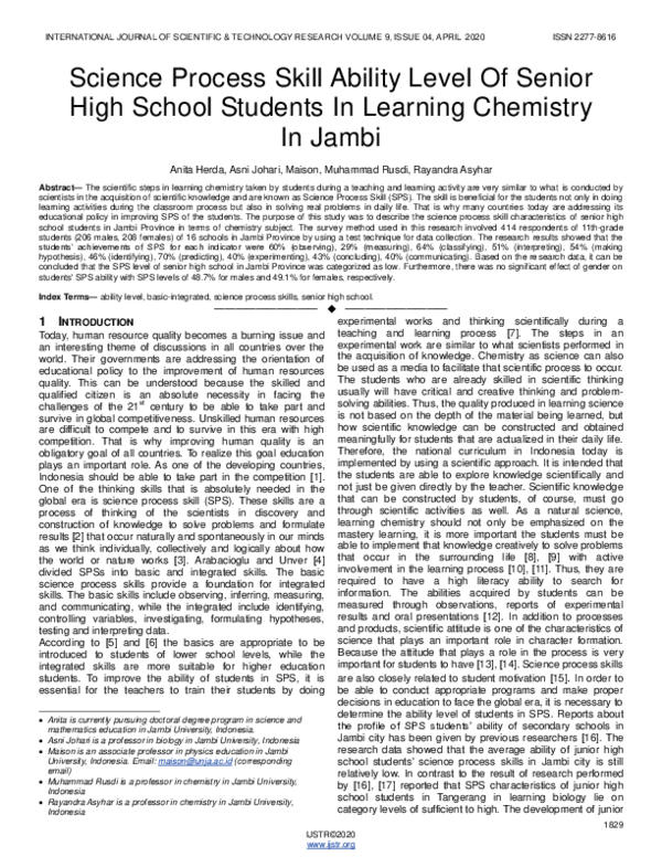 (PDF) Science Process Skill Ability Level Of Senior High School ...