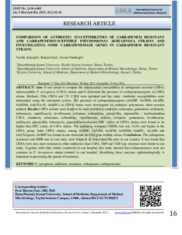 (PDF) COMPARISON OF ANTIBIOTIC SUSCEPTIBILITIES OF CARBAPENEM RESISTANT ...
